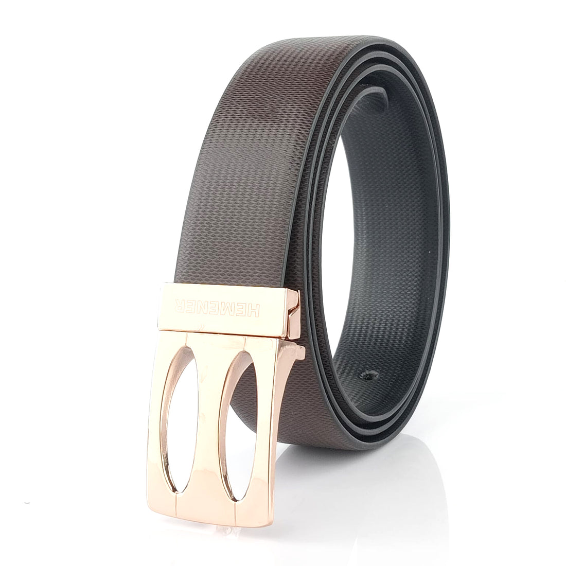 Hemener Men Metal Pin Hole Buckle Black Dark Brown Reversible Vegan Leather Belt