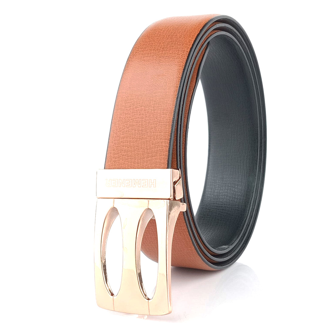 Hemener Men Metal Pin Hole Buckle Reversible Black Brown Vegan Leather Belt