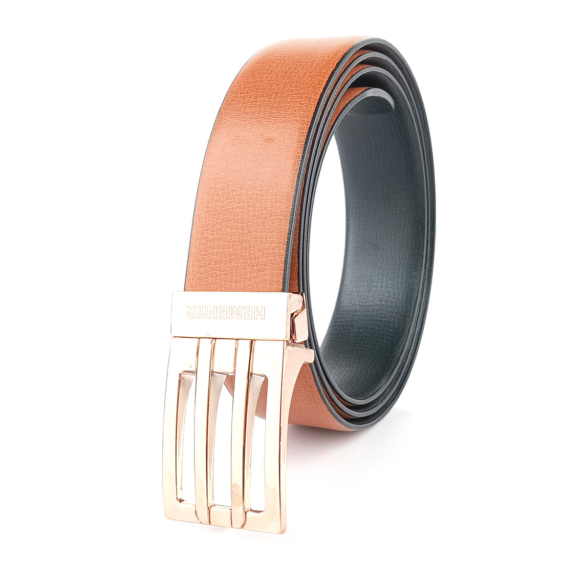 Hemener Men Metal Pin Hole Buckle Reversible Black Brown Vegan Leather Belt