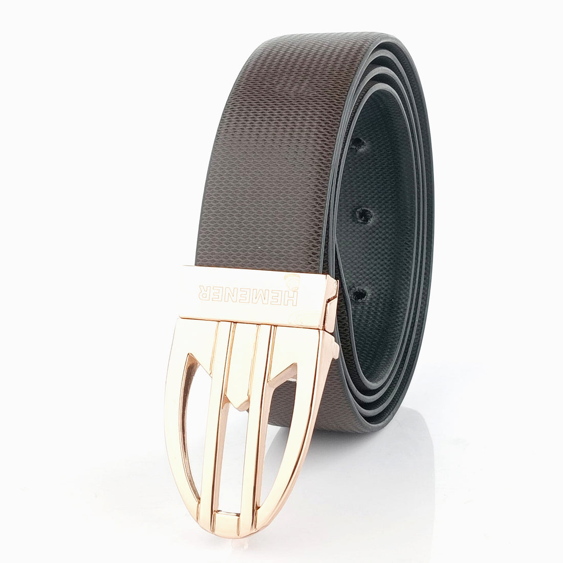 Hemener Men Metal Pin Hole Buckle Reversible Dark Brown Black Vegan Leather Belt