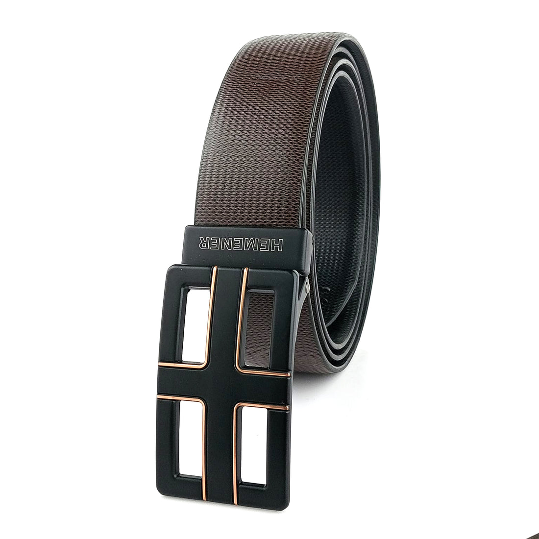 Hemener Men Metal Pin Hole Buckle Black Dark Brown Reversible Vegan Leather Belt