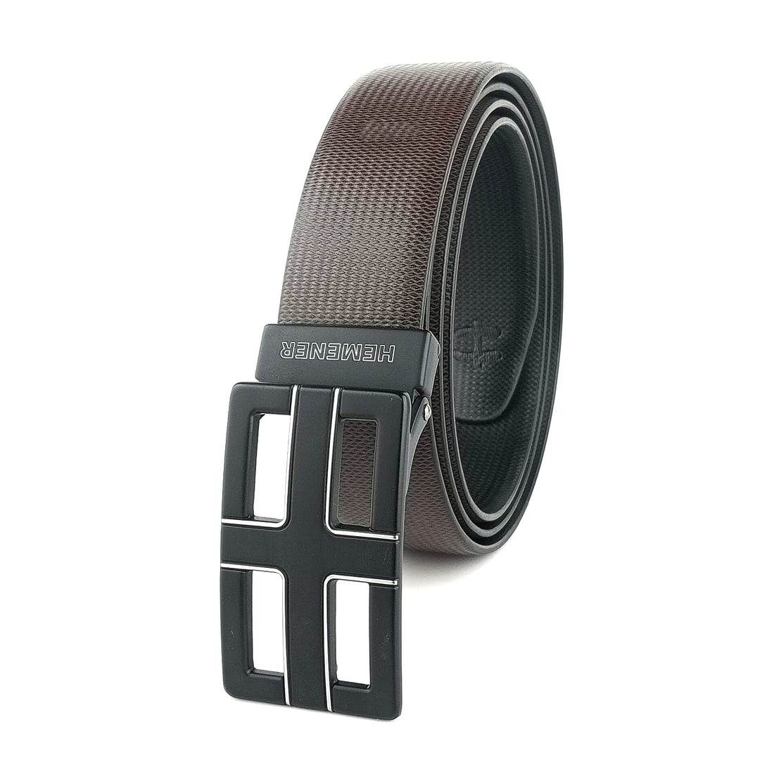 Hemener Men Metal Pin Hole Buckle Black Dark Brown Reversible Vegan Leather Belt