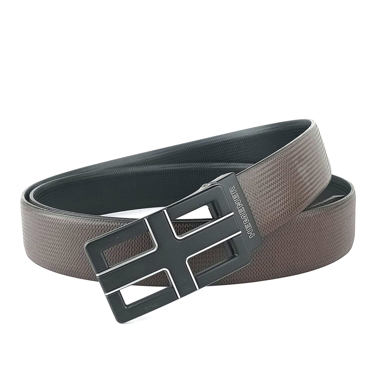 Hemener Men Metal Pin Hole Buckle Black Dark Brown Reversible Vegan Leather Belt