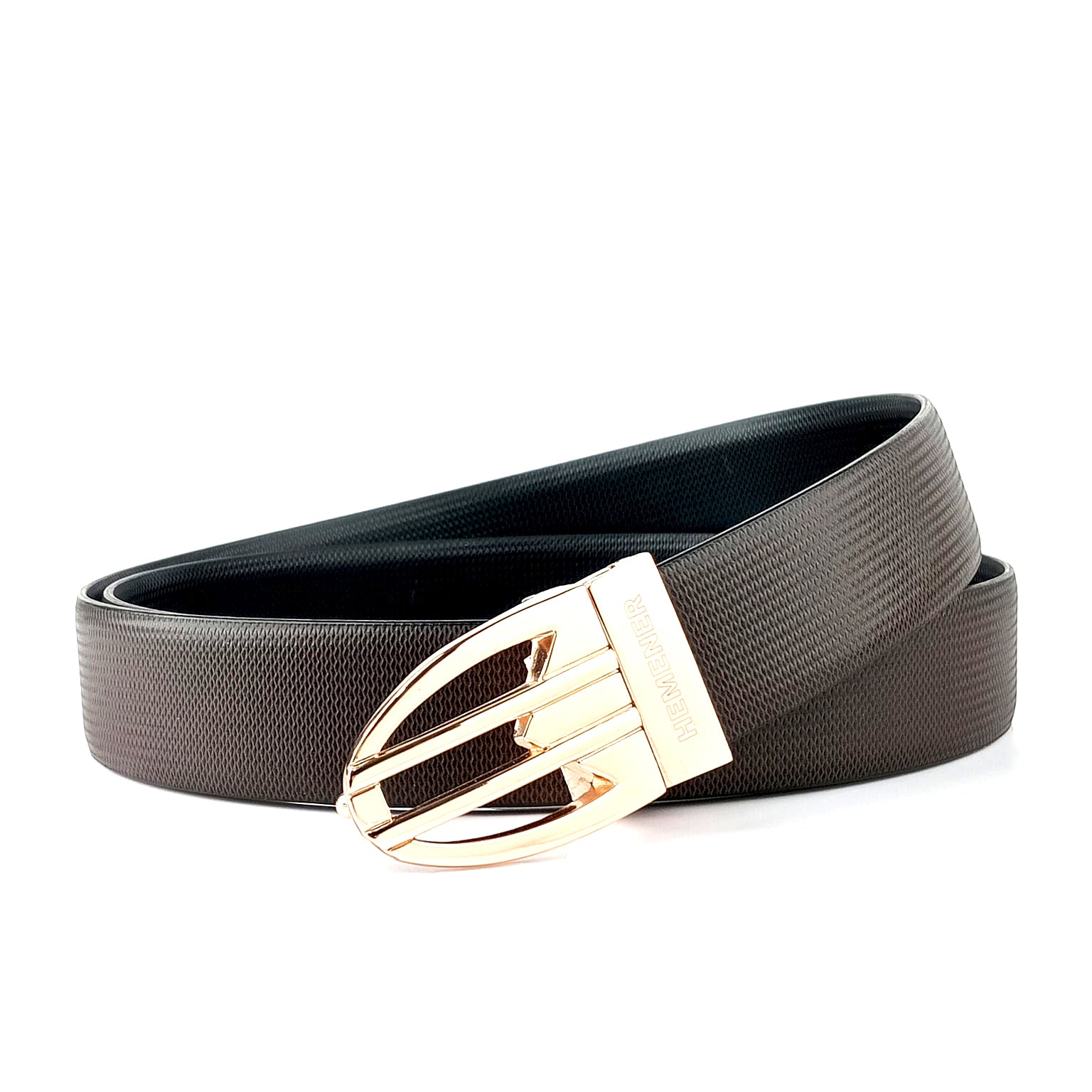 Hemener Men Metal Pin Hole Buckle Reversible Dark Brown Black Vegan Leather Belt