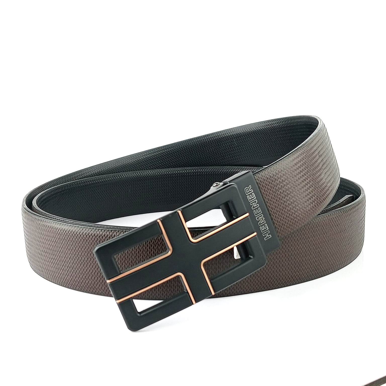 Hemener Men Metal Pin Hole Buckle Black Dark Brown Reversible Vegan Leather Belt