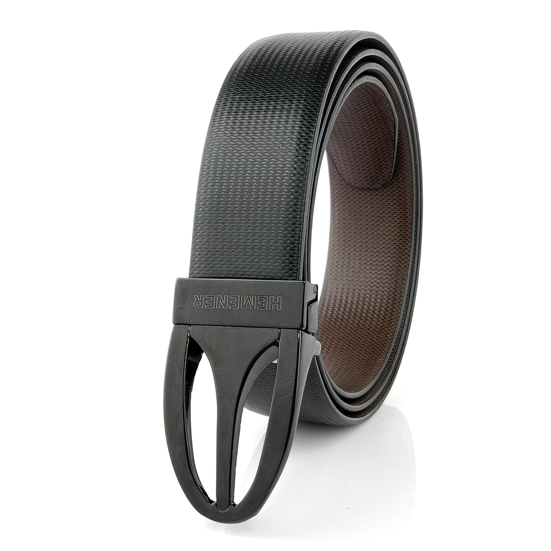 Hemener Men Metal Pin Hole Buckle Black Dark Brown Reversible Vegan Leather Belt