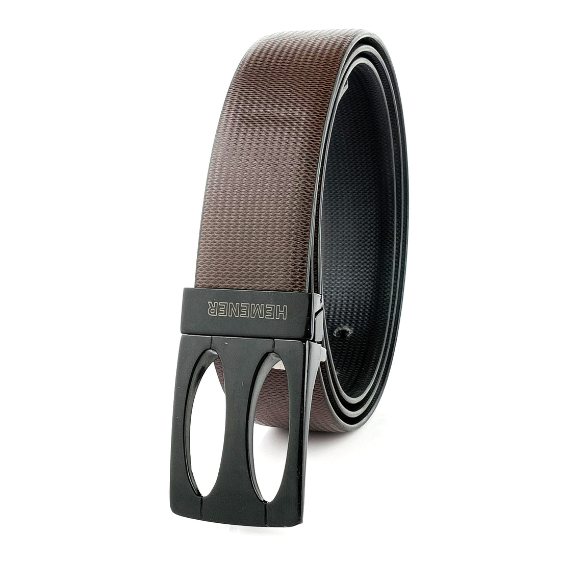 Hemener Men Metal Pin Hole Buckle Black Dark Brown Reversible Vegan Leather Belt