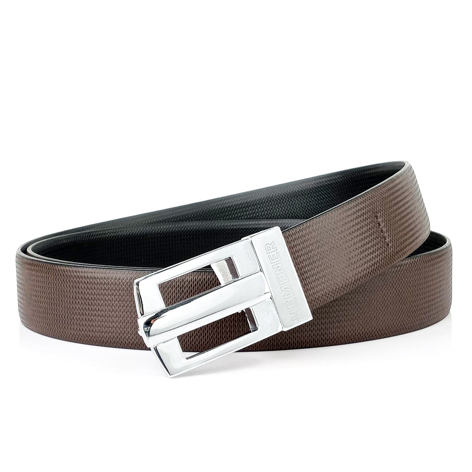 Hemener Men Metal Pin Hole Buckle Black Dark Brown Reversible Vegan Leather Belt