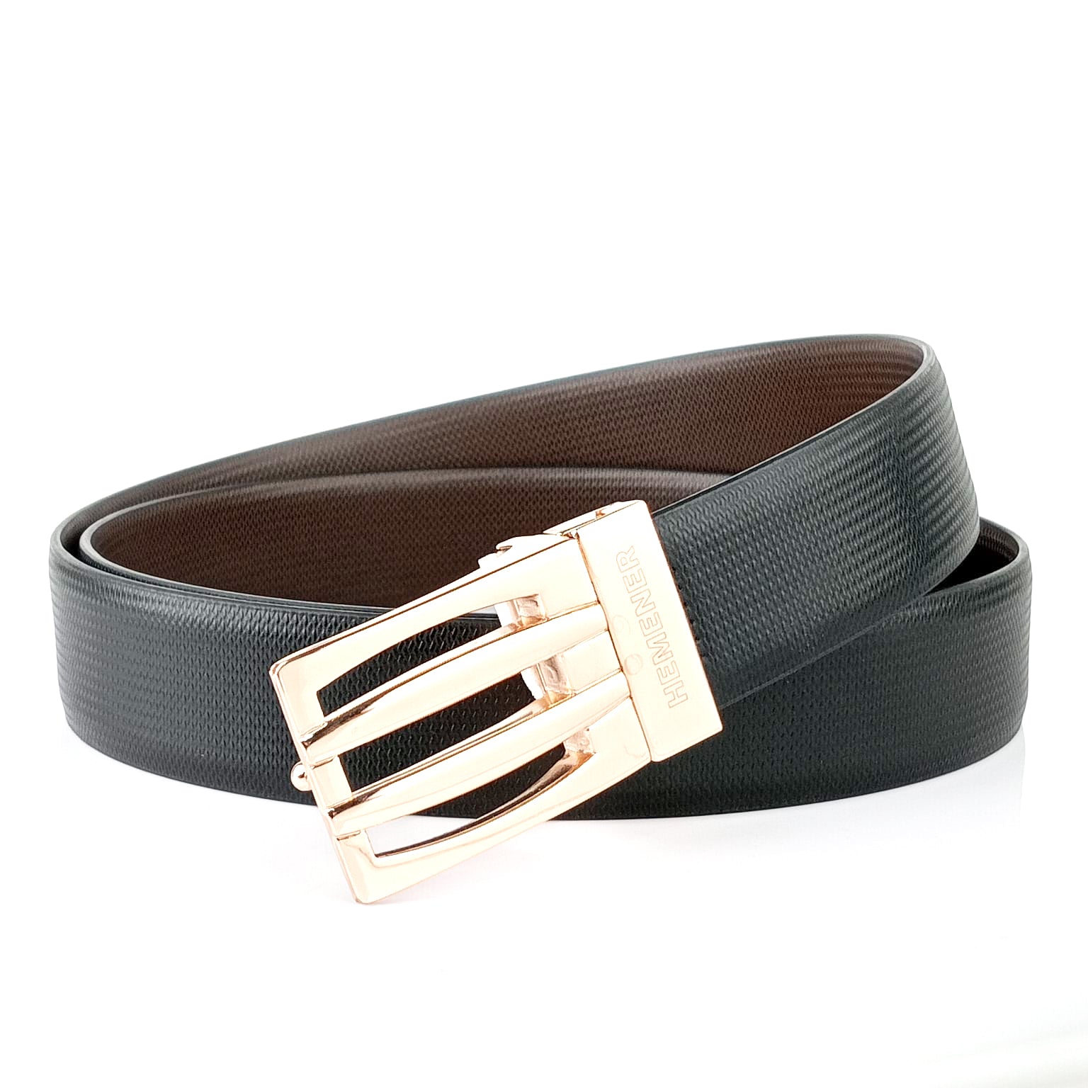 Hemener Men Metal Pin Hole Buckle Black Dark Brown Reversible Vegan Leather Belt