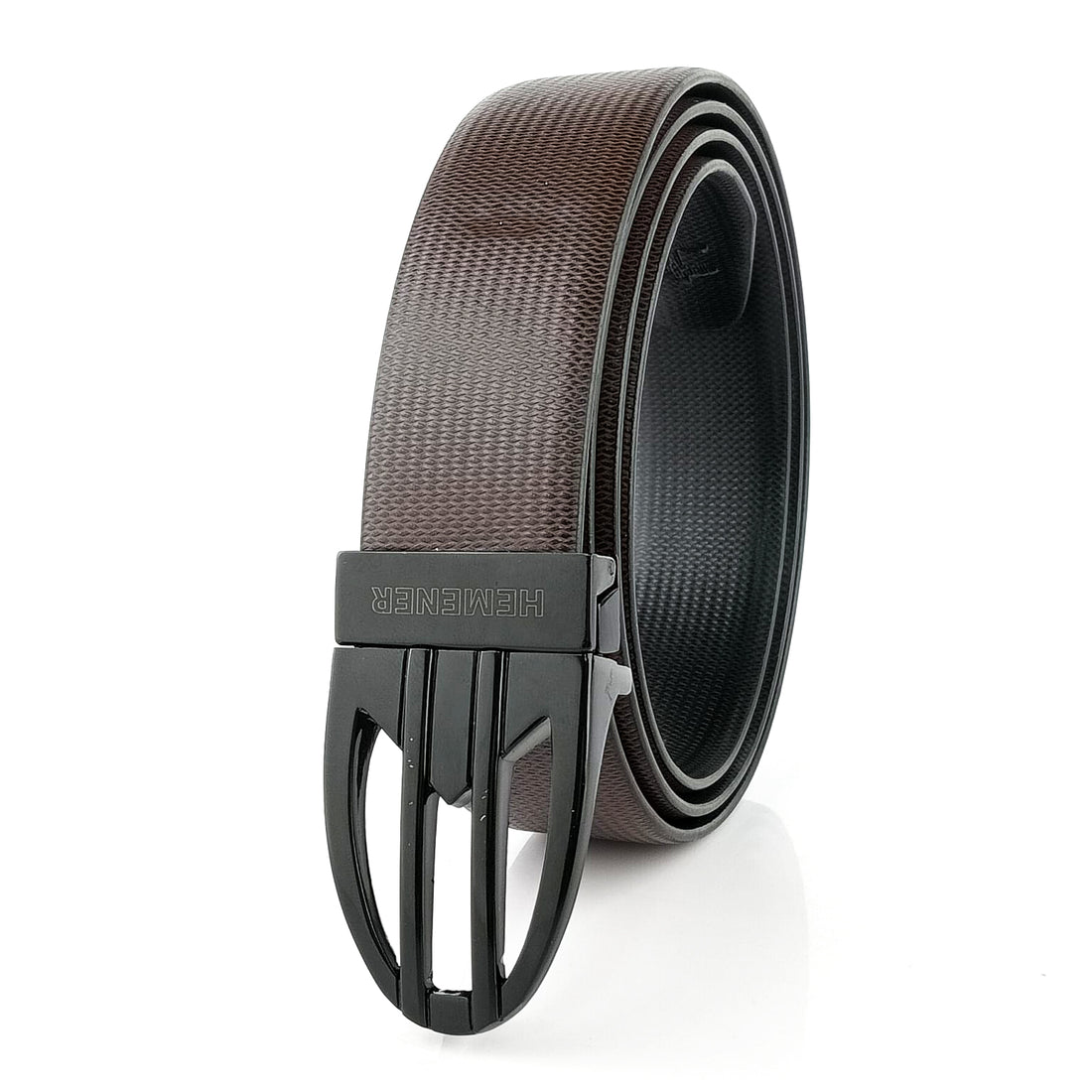 Hemener Men Metal Pin Hole Buckle Black Dark Brown Reversible Vegan Leather Belt