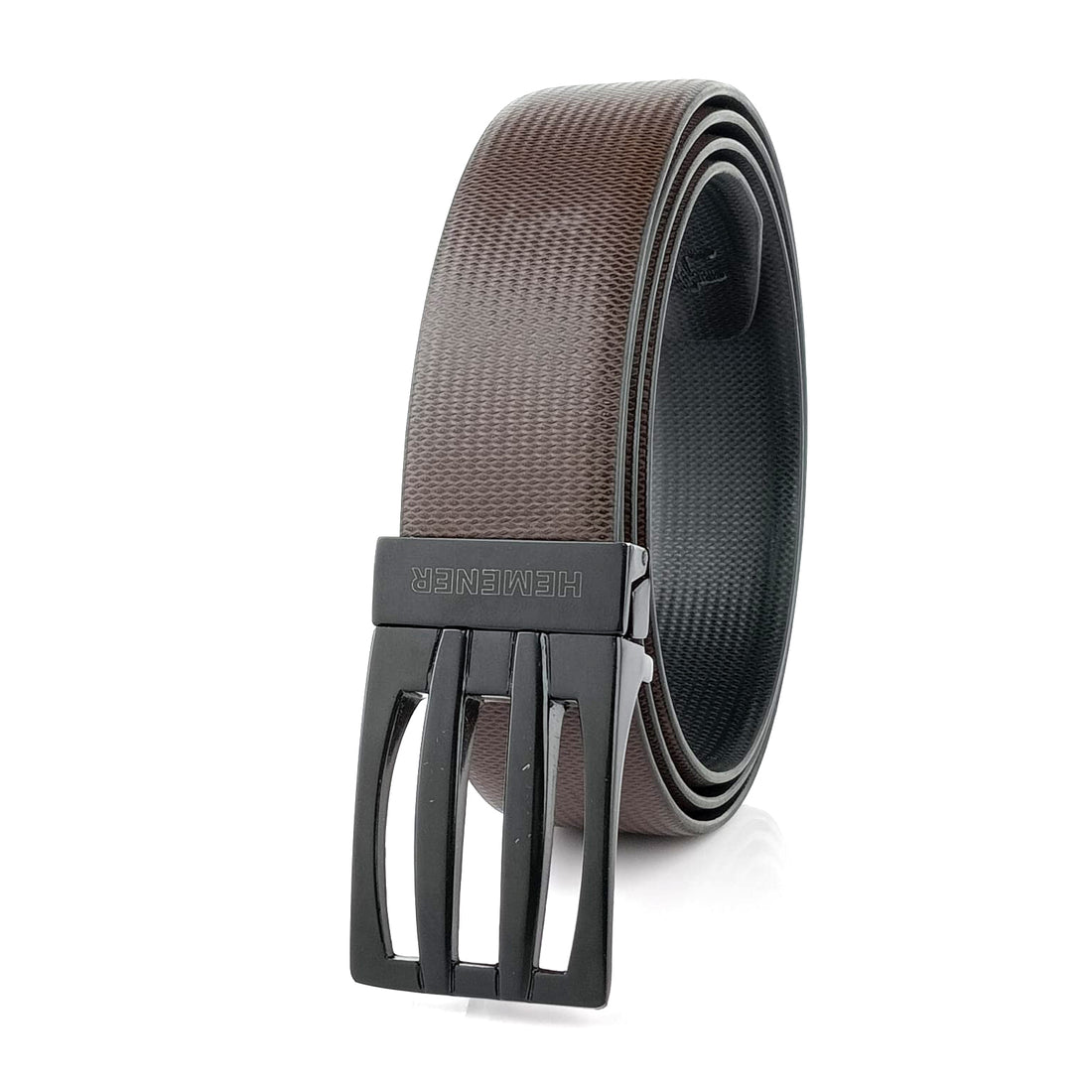 Hemener Men Metal Pin Hole Buckle Black Dark Brown Reversible Vegan Leather Belt