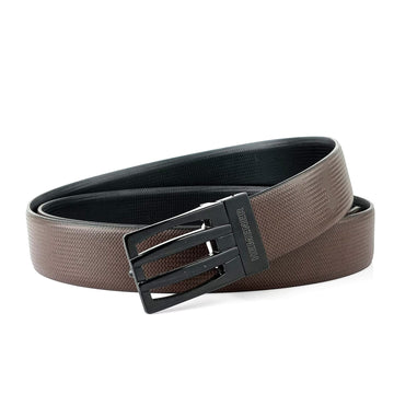 Hemener Men Metal Pin Hole Buckle Black Dark Brown Reversible Vegan Leather Belt