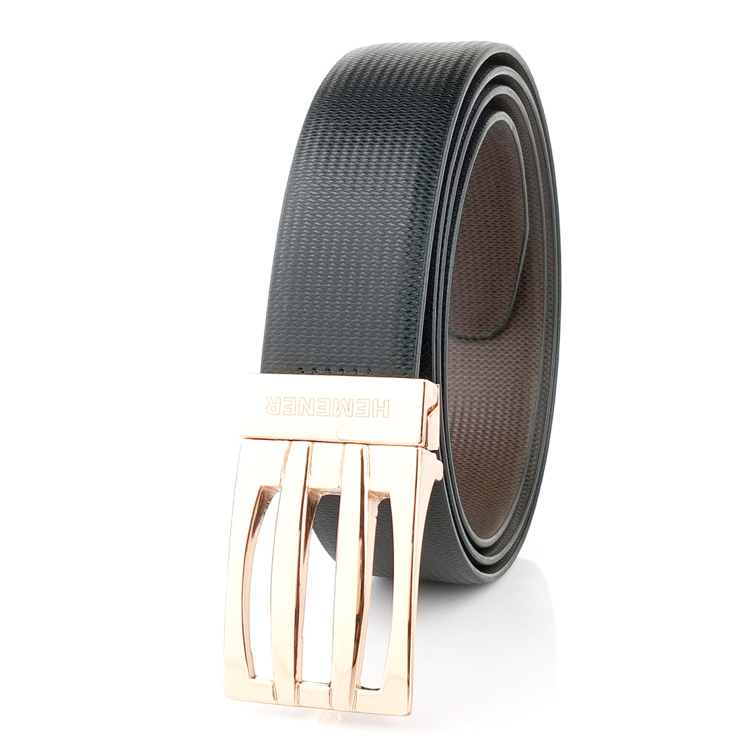 Hemener Men Metal Pin Hole Buckle Black Dark Brown Reversible Vegan Leather Belt