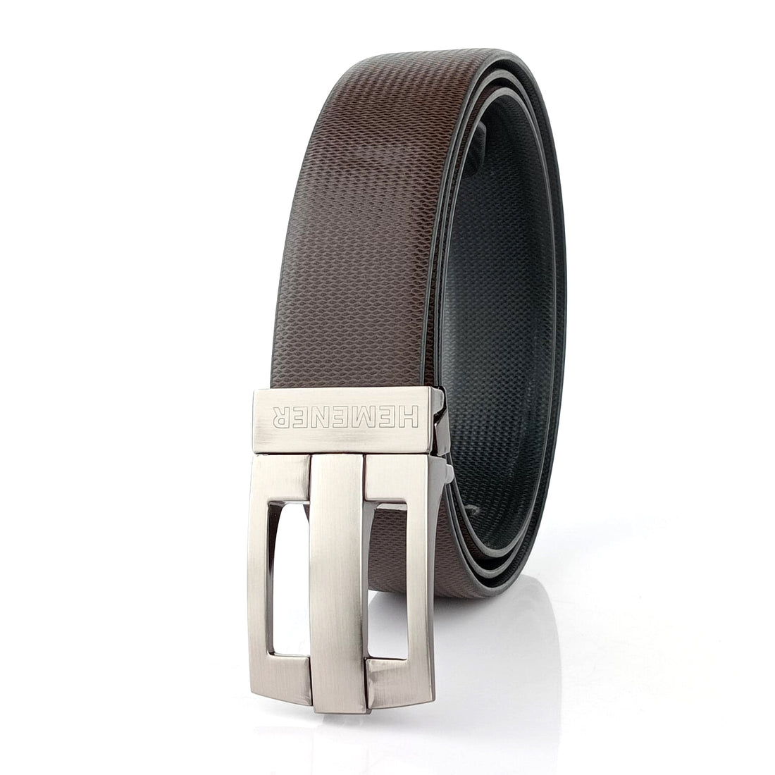 Hemener Men Metal Pin Hole Buckle Black Dark Brown Reversible Vegan Leather Belt