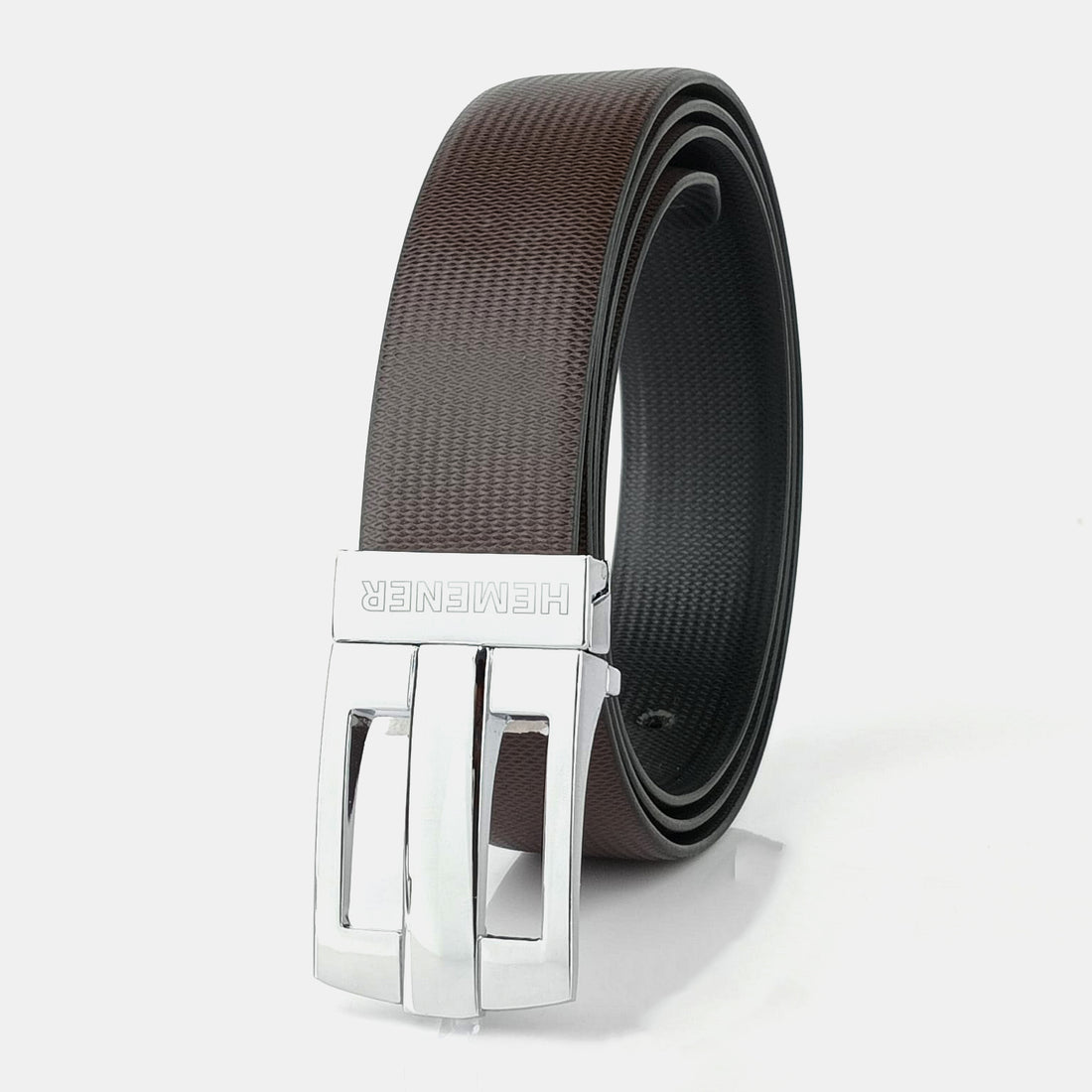 Hemener Men Metal Pin Hole Buckle Black Dark Brown Reversible Vegan Leather Belt