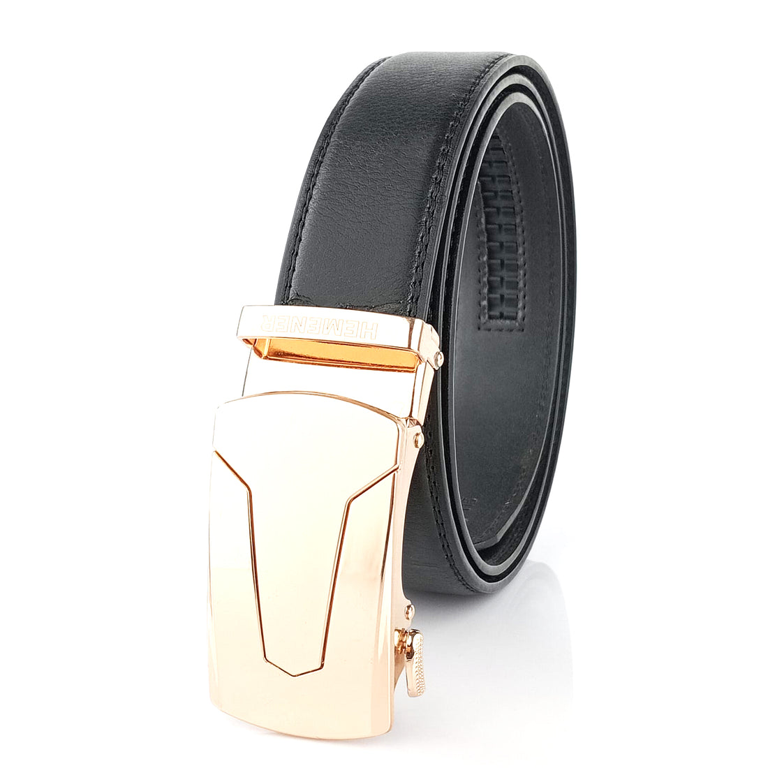 Hemener Men Metal Auto Grip Buckle Black Vegan Leather Belt