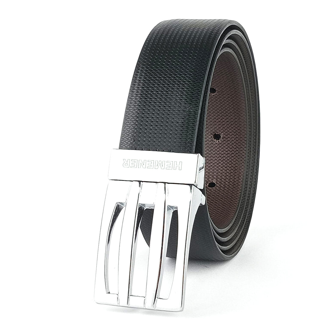 Hemener Men Metal Pin Hole Buckle Black Dark Brown Reversible Vegan Leather Belt