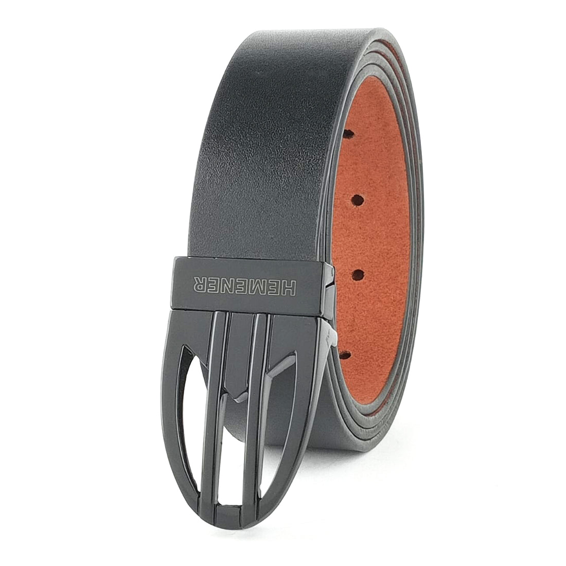 Hemener Men Metal Pin Hole Buckle Black Genuine Leather Belt