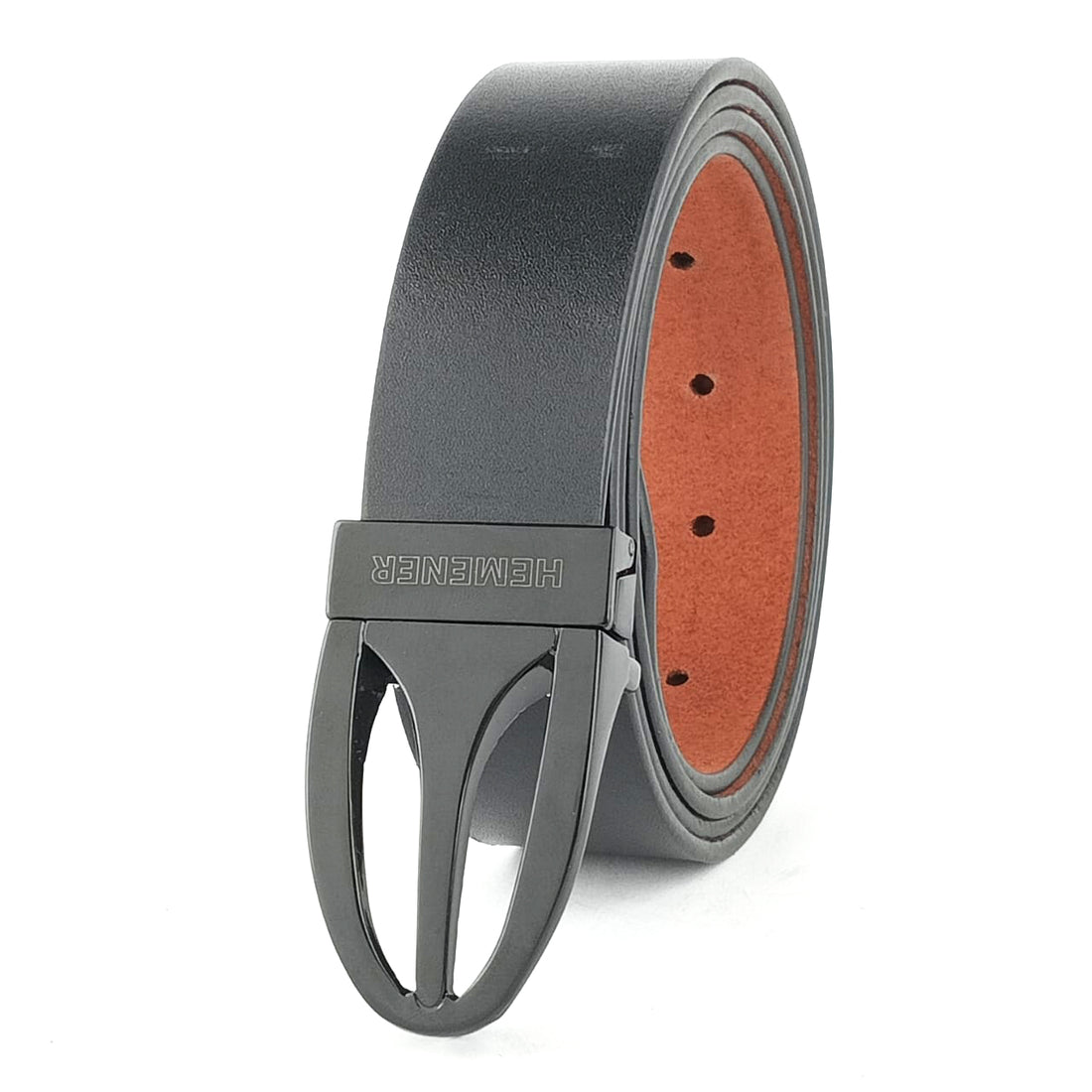 Hemener Men Metal Pin Hole Buckle Black Genuine Leather Belt