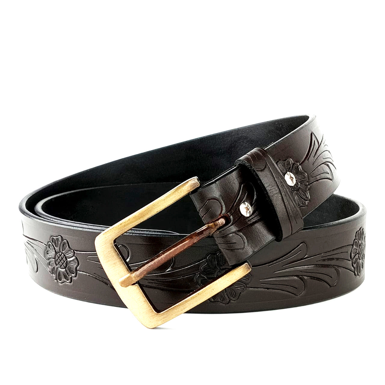 Hemener Men Metal Buckle Dark Brown Genuine Leather Belt