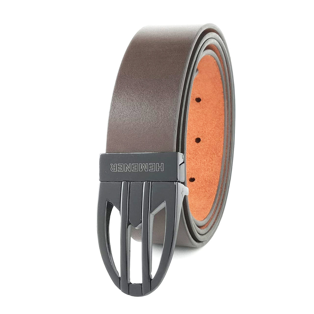 Hemener Men Metal Pin Hole Buckle Dark Brown Genuine Leather Belt