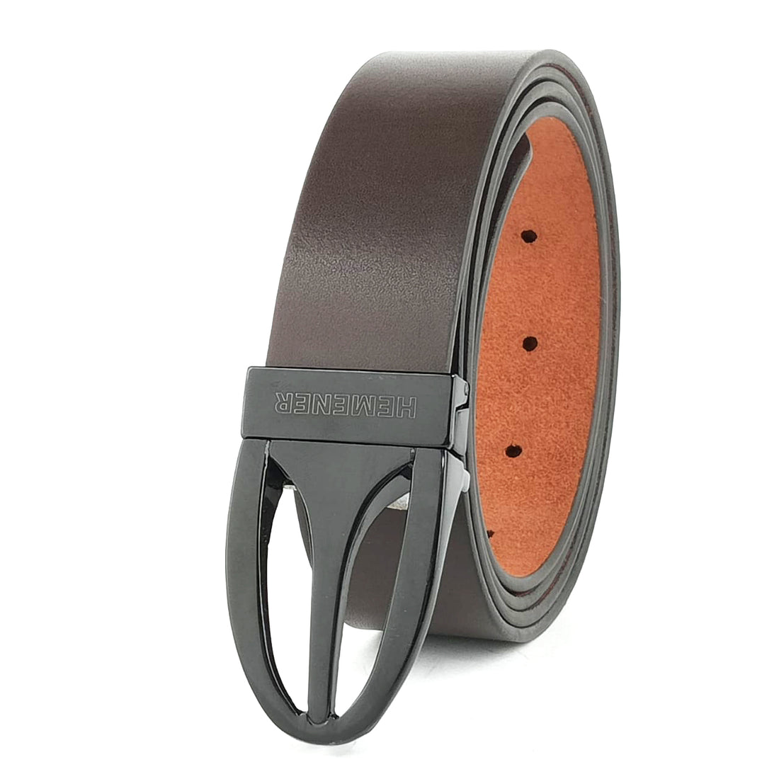 Hemener Men Metal Pin Hole Buckle Dark Brown Genuine Leather Belt