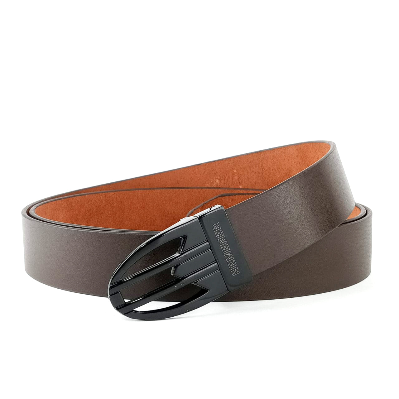 Hemener Men Metal Pin Hole Buckle Dark Brown Genuine Leather Belt