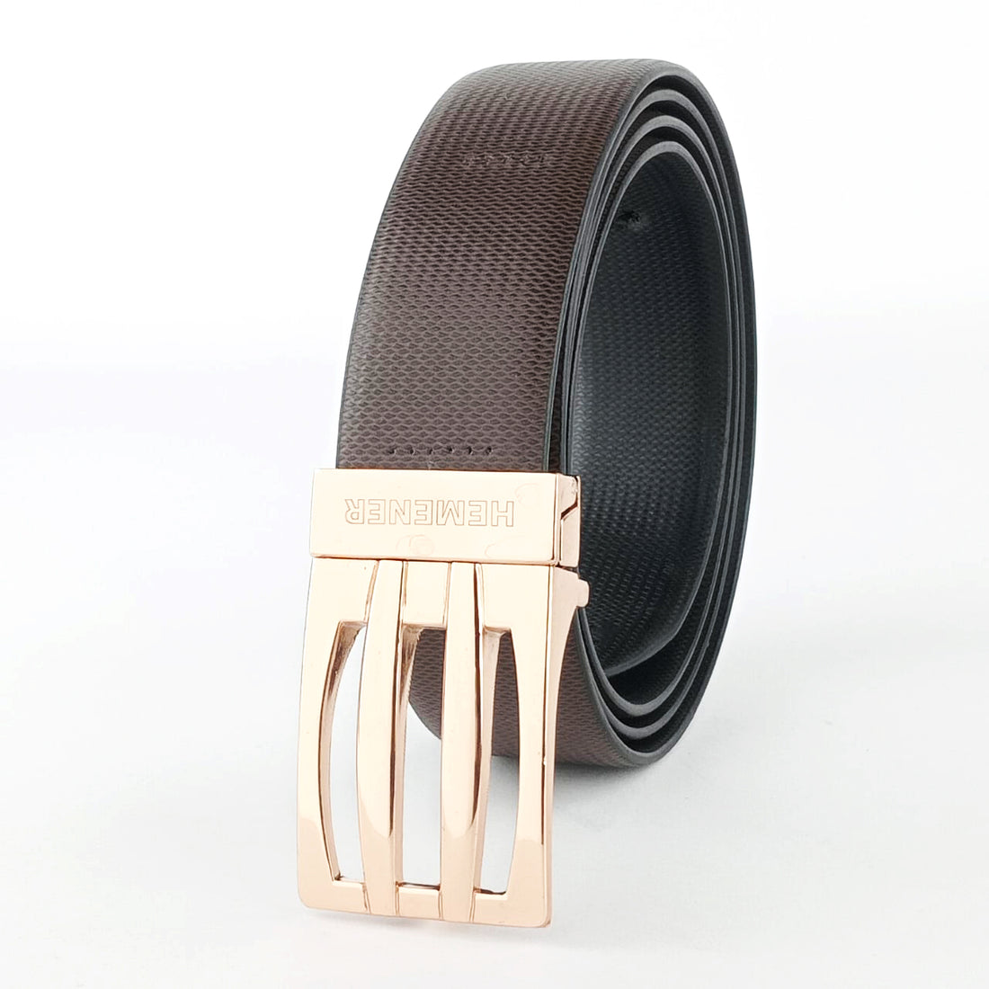 Hemener Men Metal Pin Hole Buckle Reversible Dark Brown Black Vegan Leather Belt