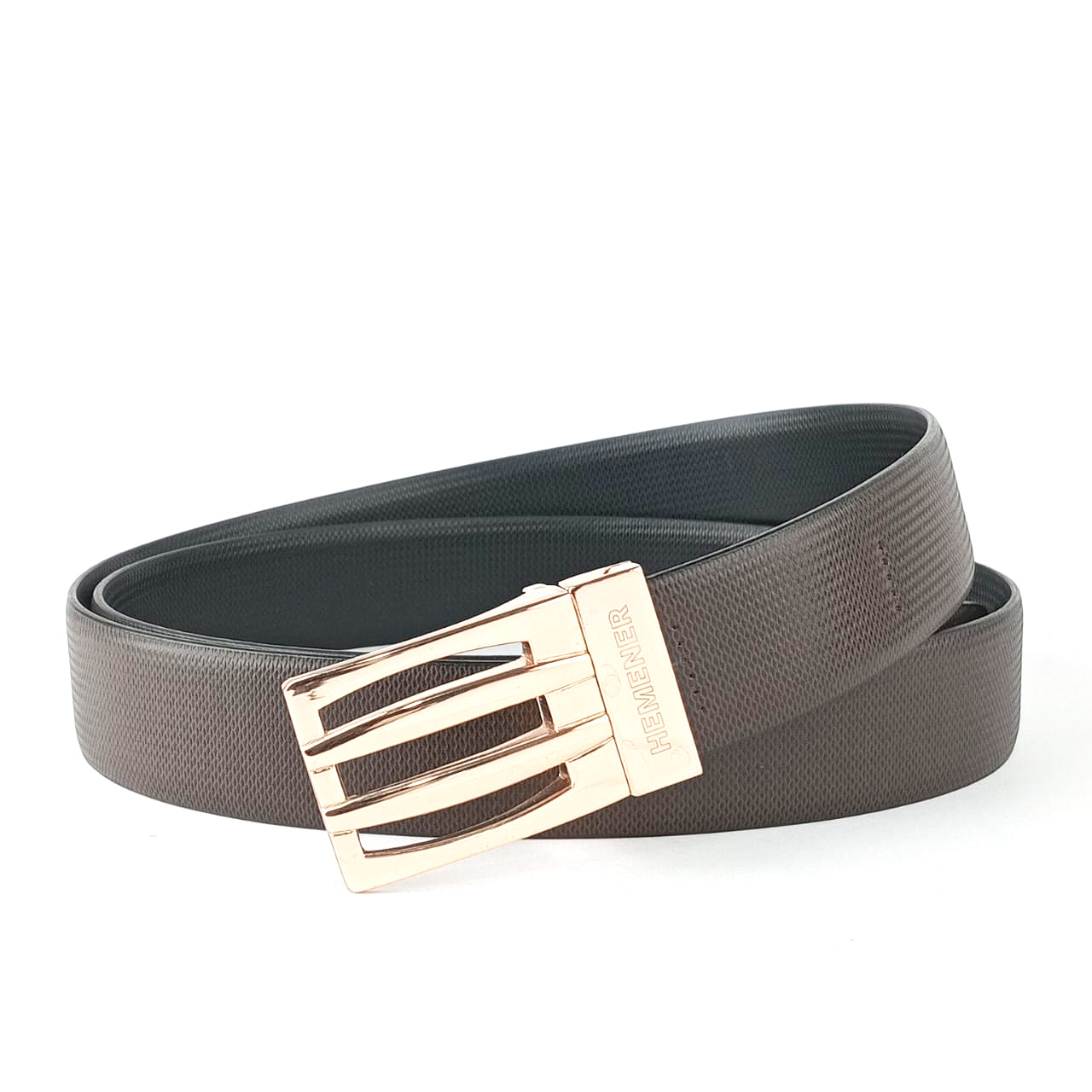 Hemener Men Metal Pin Hole Buckle Reversible Dark Brown Black Vegan Leather Belt