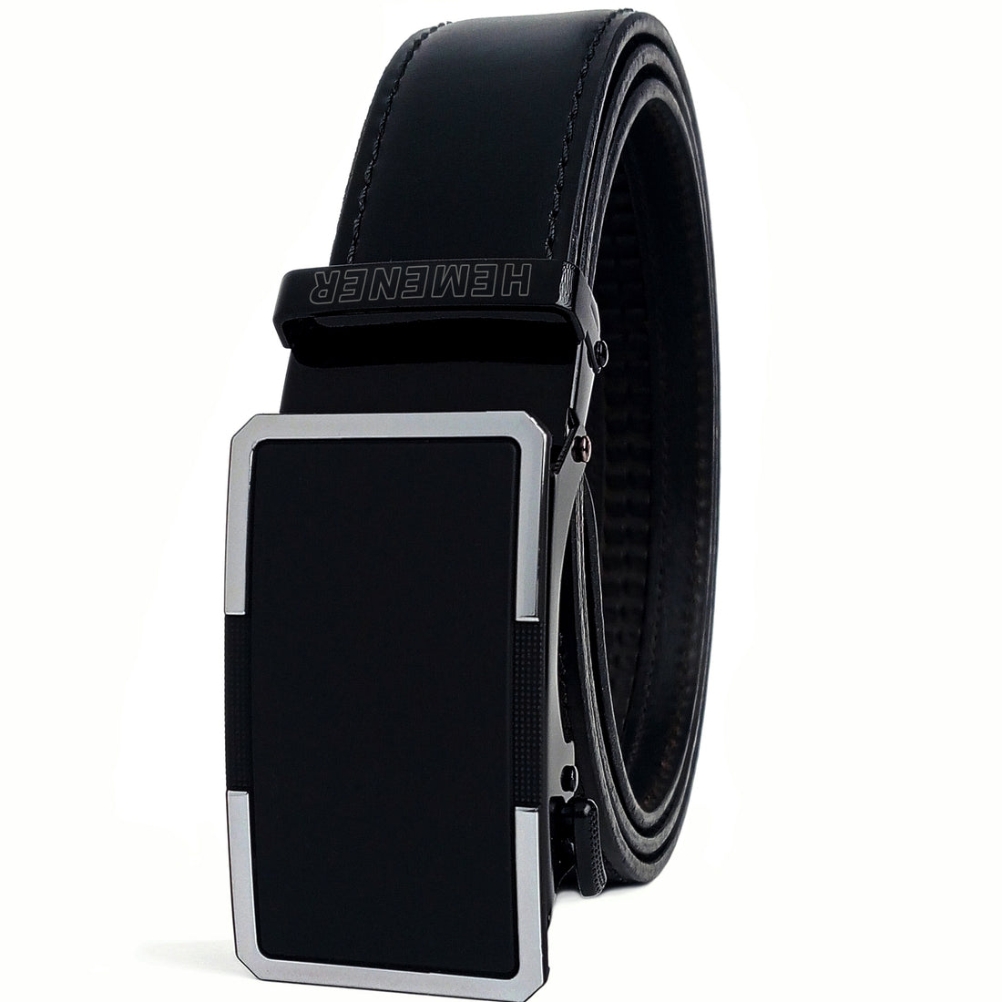 Hemener Men  Metal Buckle Black Genuine Leather Belt