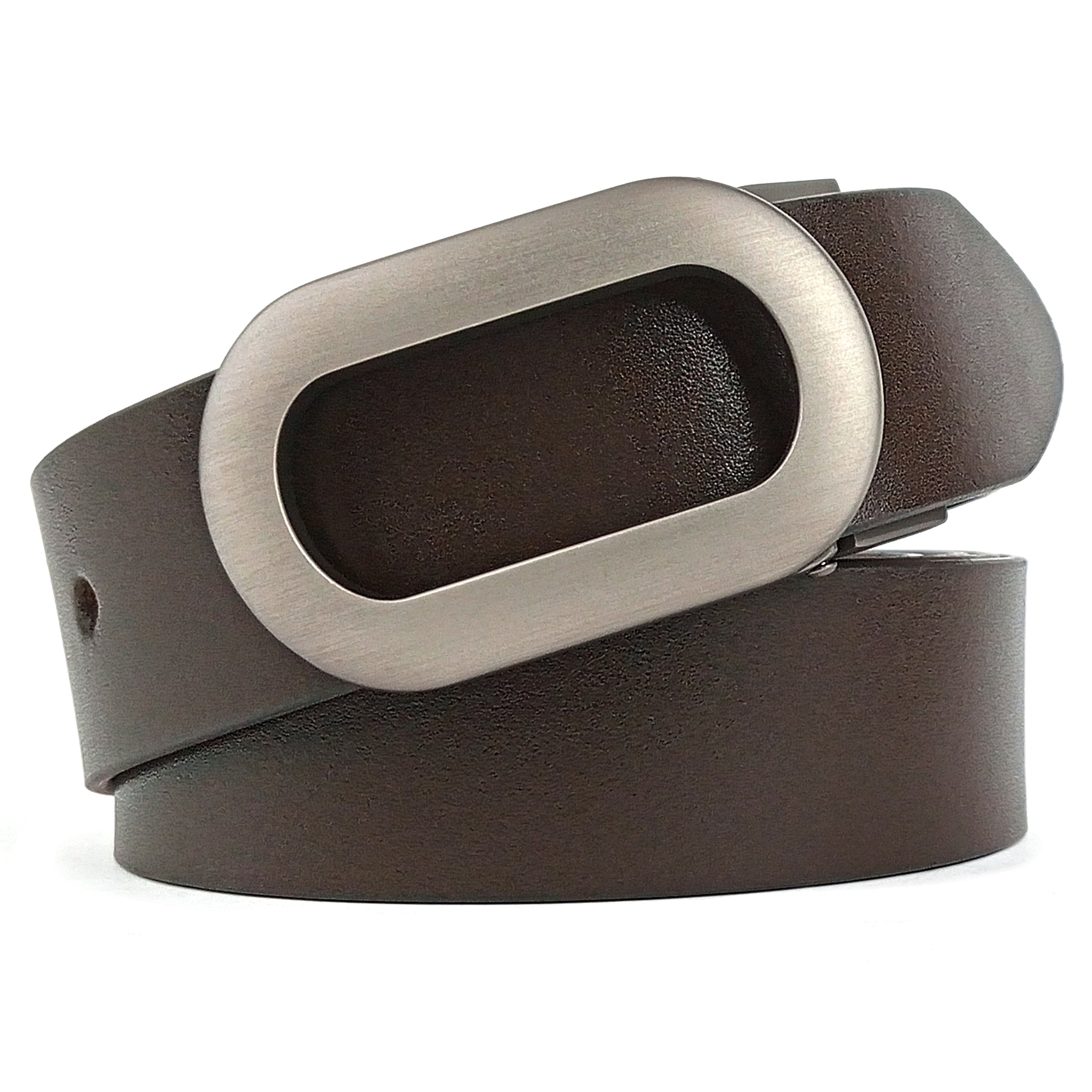 Hemener Men Pin Hole Alloy Matte Buckle Dark Brown Genuine Leather Belt