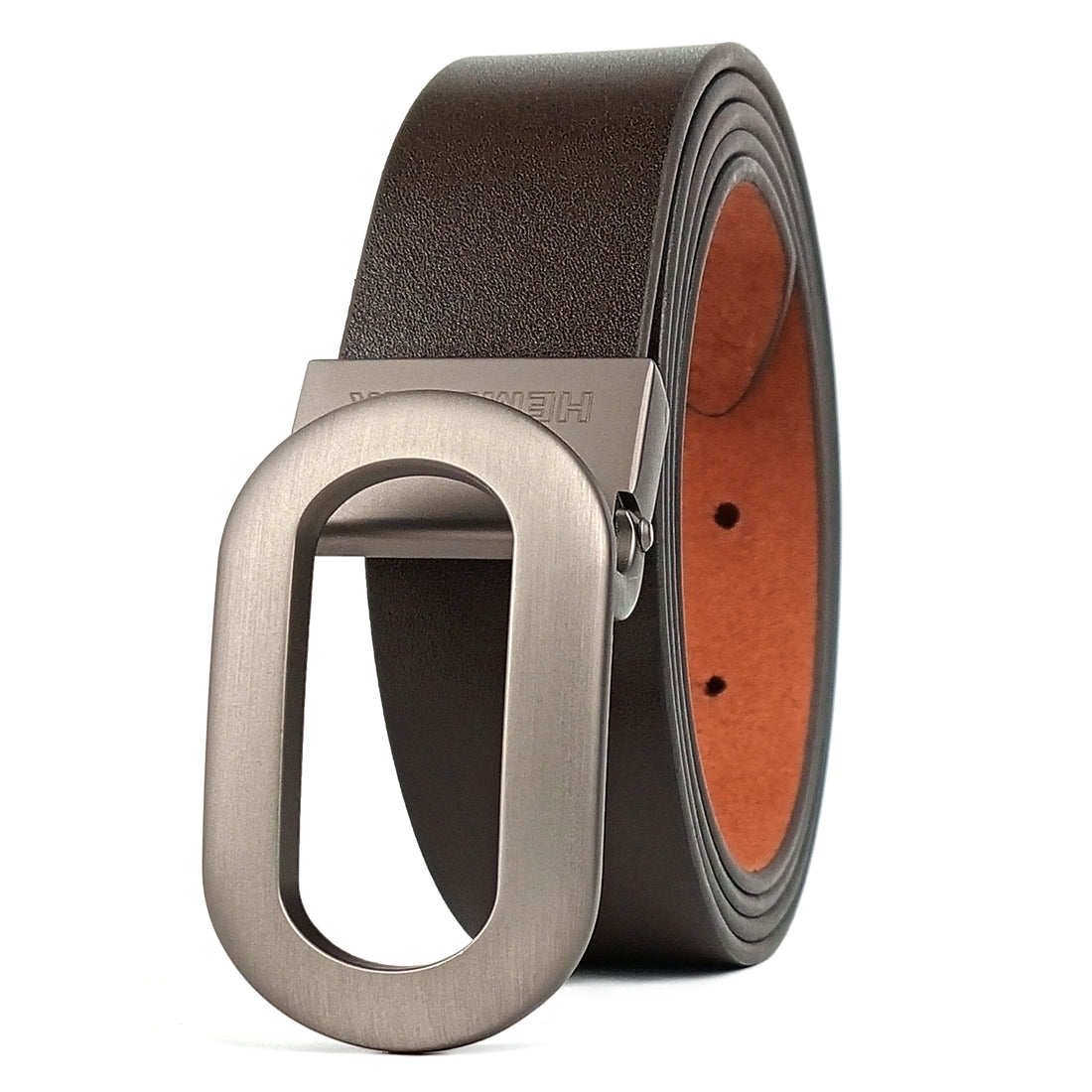 Hemener Men Pin Hole Alloy Matte Buckle Dark Brown Genuine Leather Belt