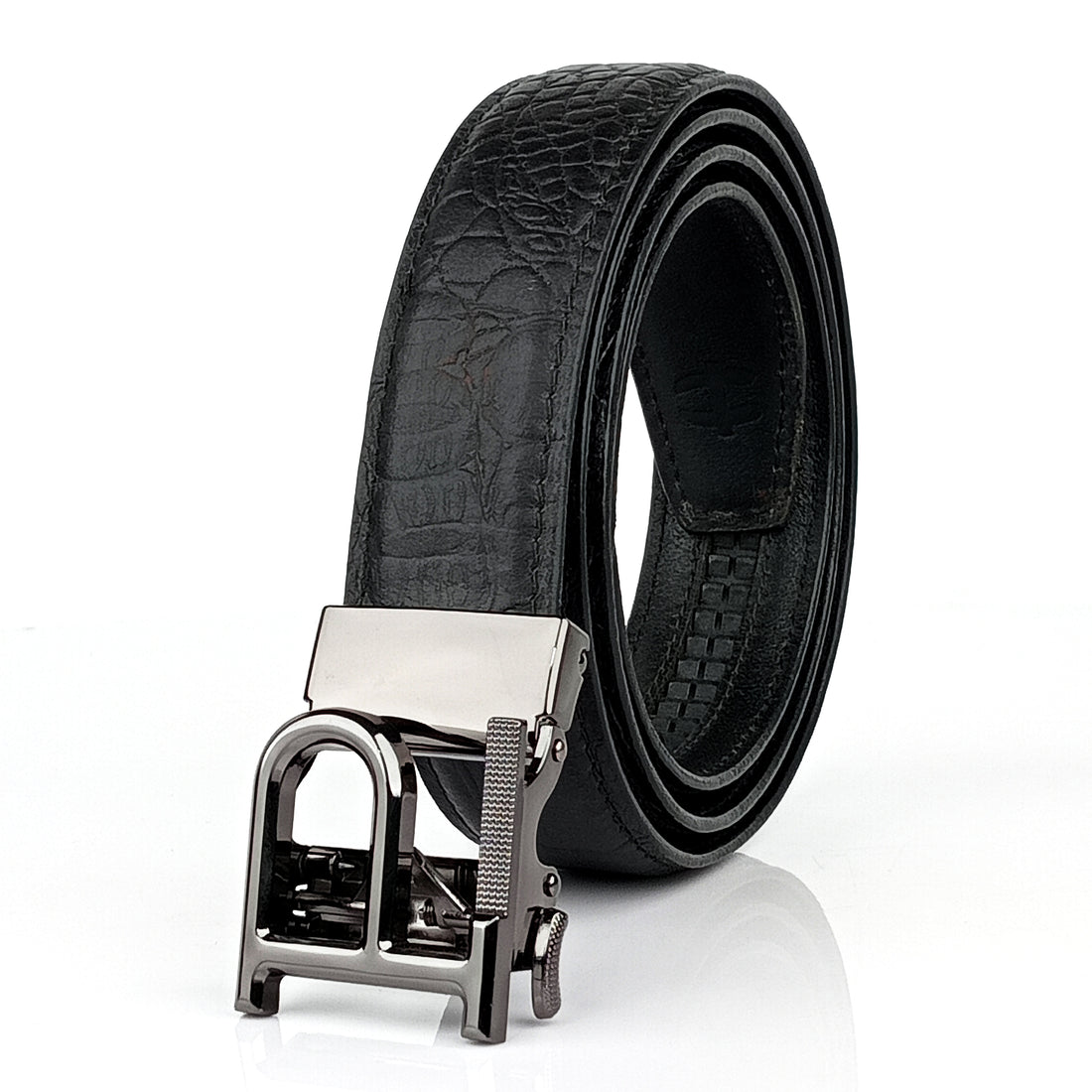 Hemener Men  P  Letter Metal Auto Grip Buckle Black Croc Pattern Genuine Leather Belt