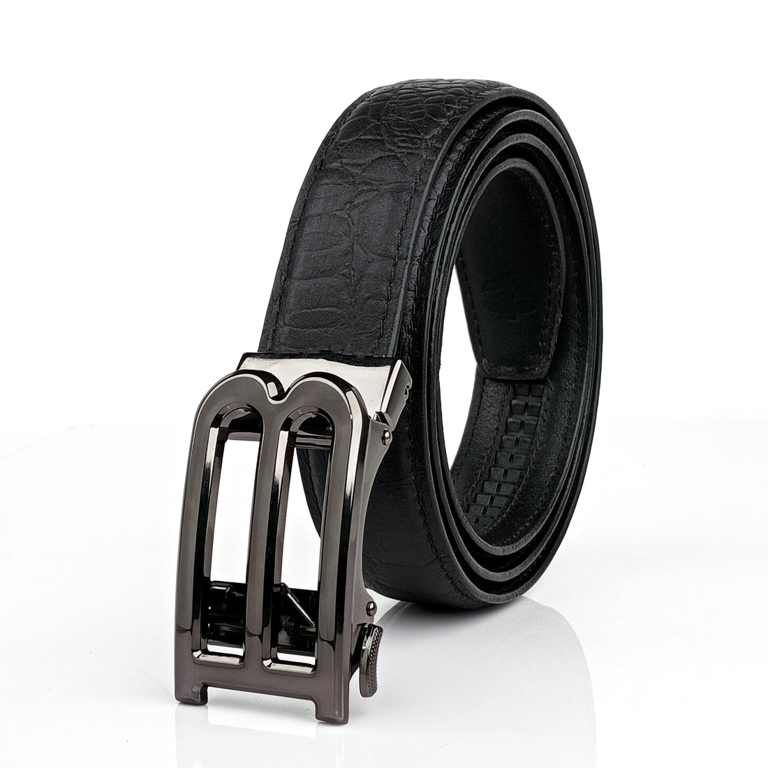 Hemener Men  B  Letter Metal Auto Grip Buckle Black Croc Pattern Genuine Leather Belt