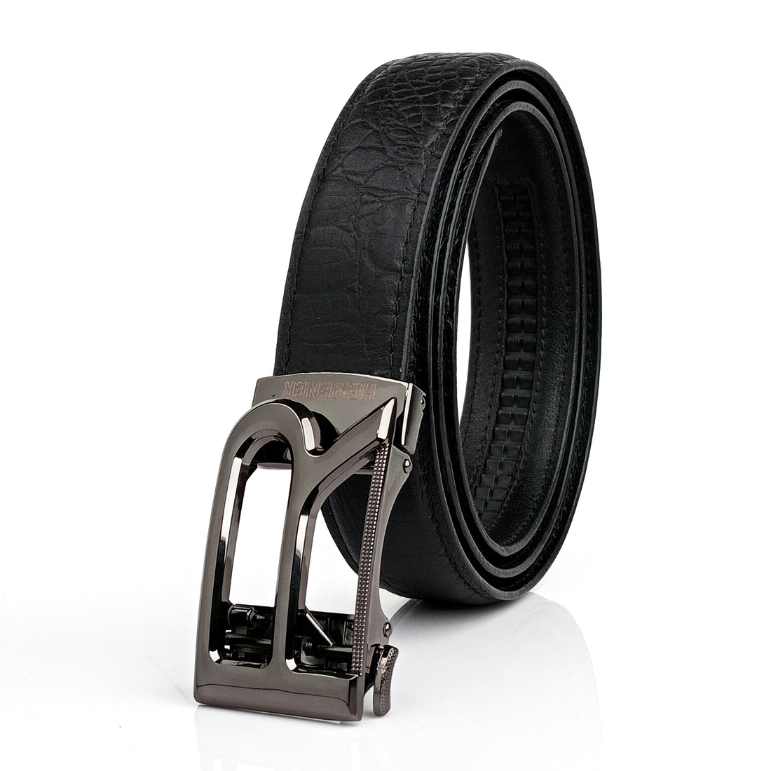 Hemener Men R  Letter Metal Auto Grip Buckle Black Croc Pattern Genuine Leather Belt