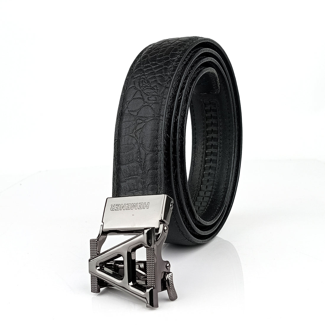 Hemener Men  A  Letter Metal Auto Grip Buckle Black Croc Pattern Genuine Leather Belt