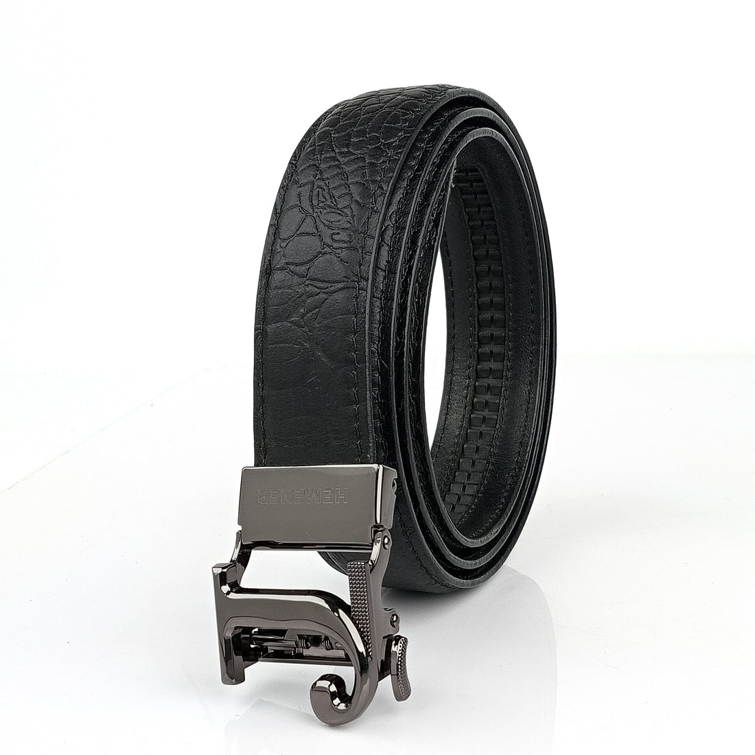 Hemener Men  J  Letter Metal Auto Grip Buckle Black Croc Pattern Genuine Leather Belt