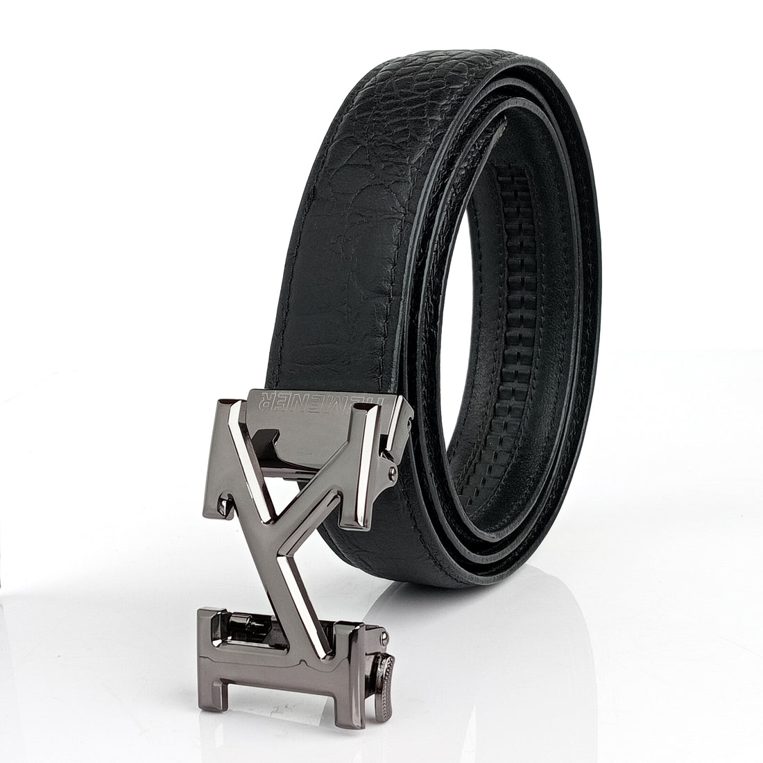 Hemener Men  K  Letter Metal Auto Grip Buckle Black Croc Pattern Genuine Leather Belt