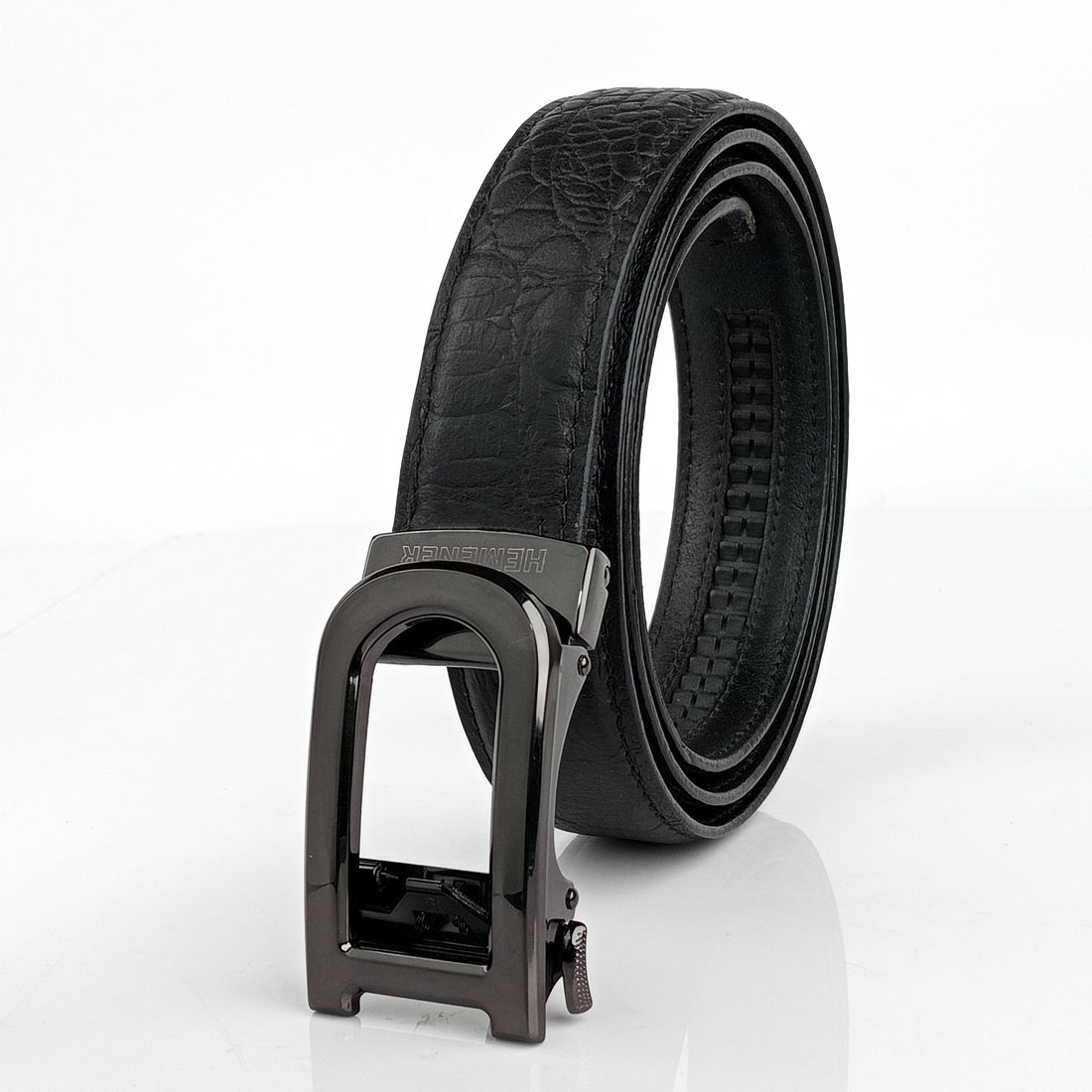 Hemener Men  D  Letter Metal Auto Grip Buckle Black Croc Pattern Genuine Leather Belt