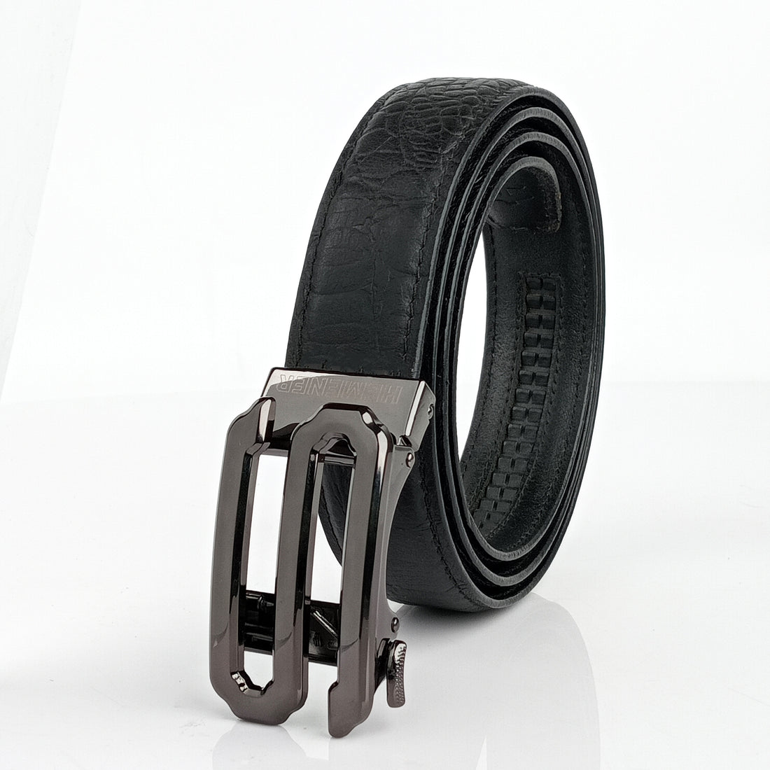 Hemener Men  S  Letter Metal Auto Grip Buckle Black Croc Pattern Genuine Leather Belt