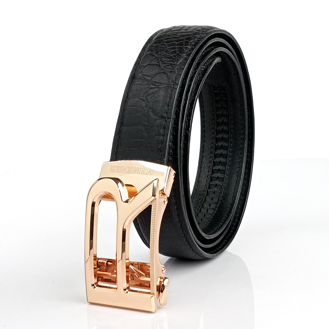 Hemener Men  R Letter Metal Auto Grip Buckle Black Croc Pattern Genuine Leather Belt