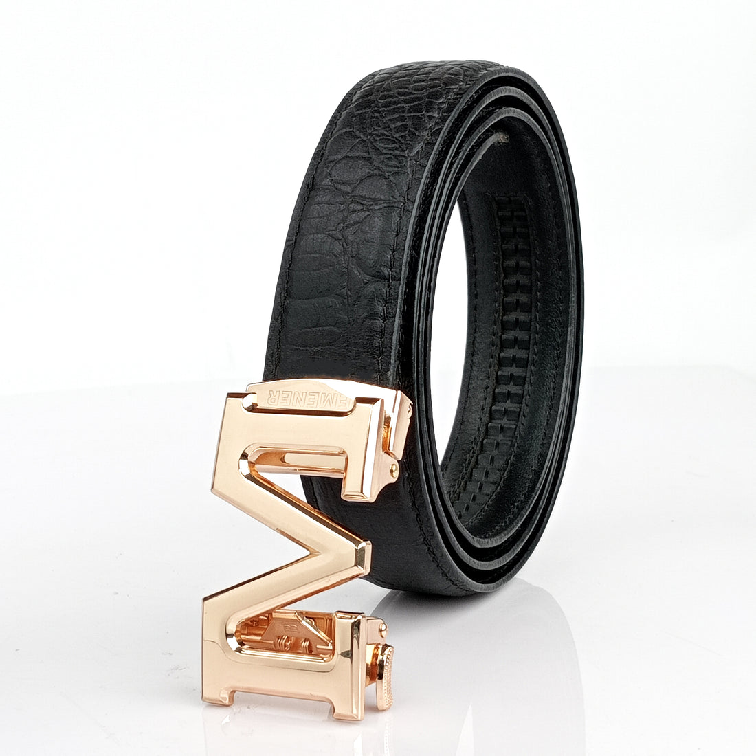 Hemener Men  M Letter Metal Auto Grip Buckle Black Croc Pattern Genuine Leather Belt