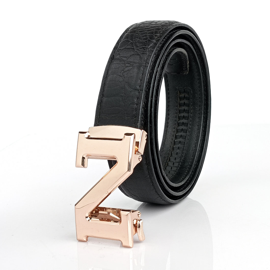 Hemener Men  N Letter Metal Auto Grip Buckle Black Croc Pattern Genuine Leather Belt