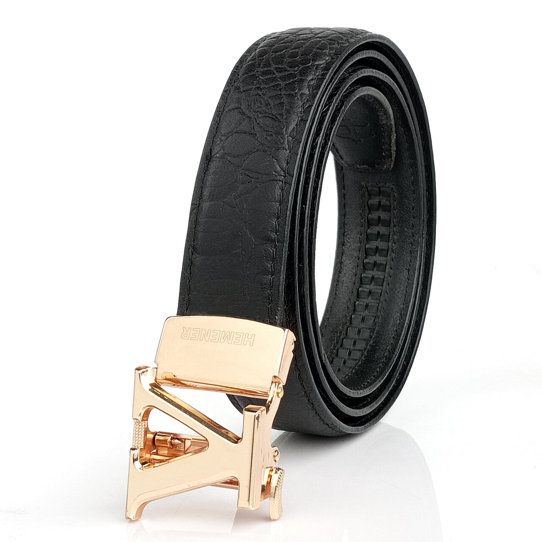 Hemener Men  V  Letter Metal Auto Grip Buckle Black Croc Pattern Genuine Leather Belt