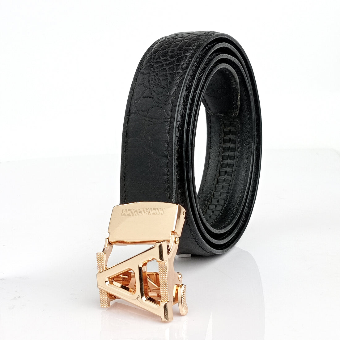 Hemener Men  A Letter Metal Auto Grip Buckle Black Croc Pattern Genuine Leather Belt