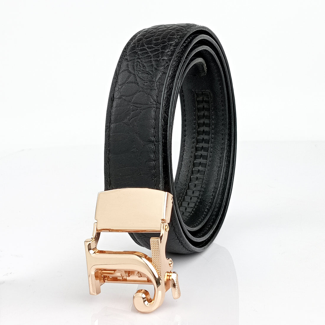 Hemener Men J Letter Metal Auto Grip Buckle Black Croc Pattern Genuine Leather Belt