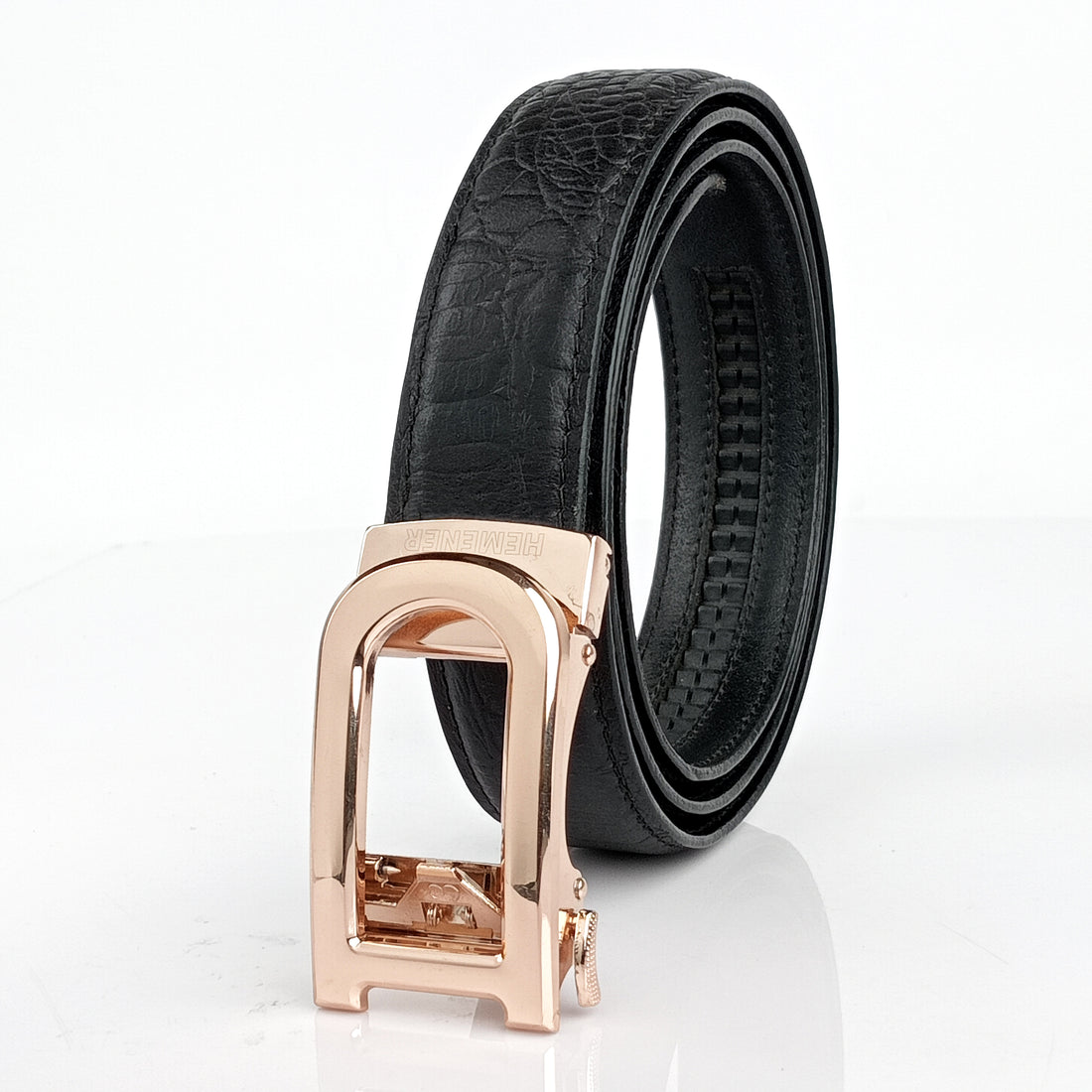 Hemener Men  D Letter Metal Auto Grip Buckle Black Croc Pattern Genuine Leather Belt