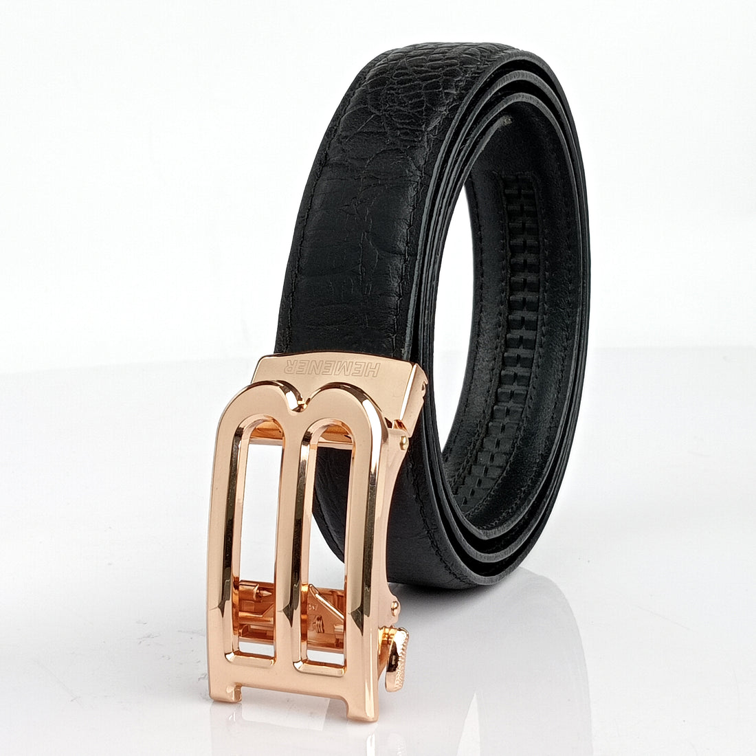 Hemener Men B Letter Metal Auto Grip Buckle Black Croc Pattern Genuine Leather Belt