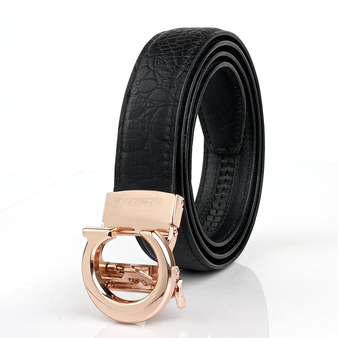 Hemener Men  C Letter Metal Auto Grip Buckle Black Croc Pattern Genuine Leather Belt