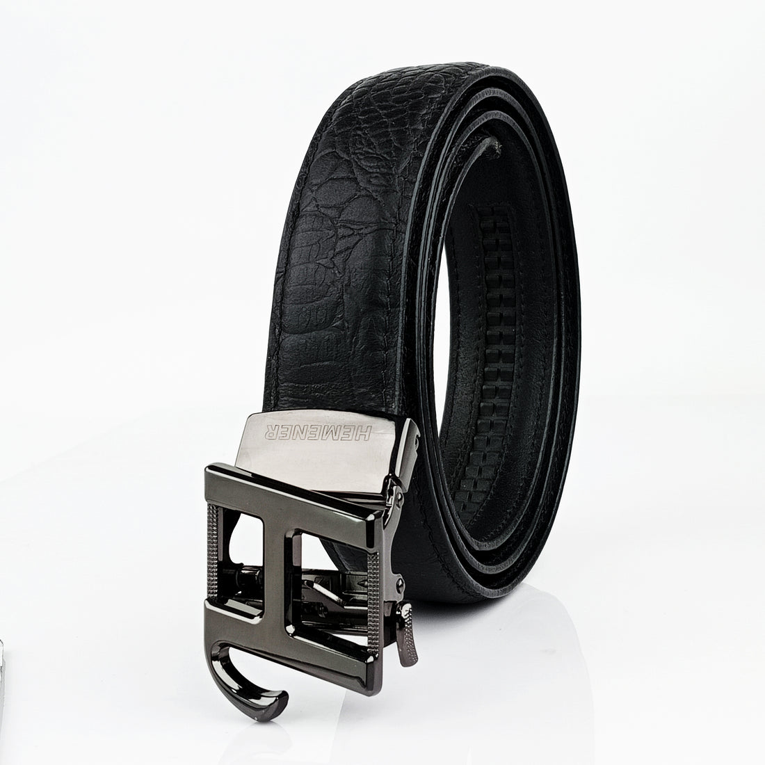 Hemener Men  H  Letter Metal Auto Grip Buckle Black Croc Pattern Genuine Leather Belt